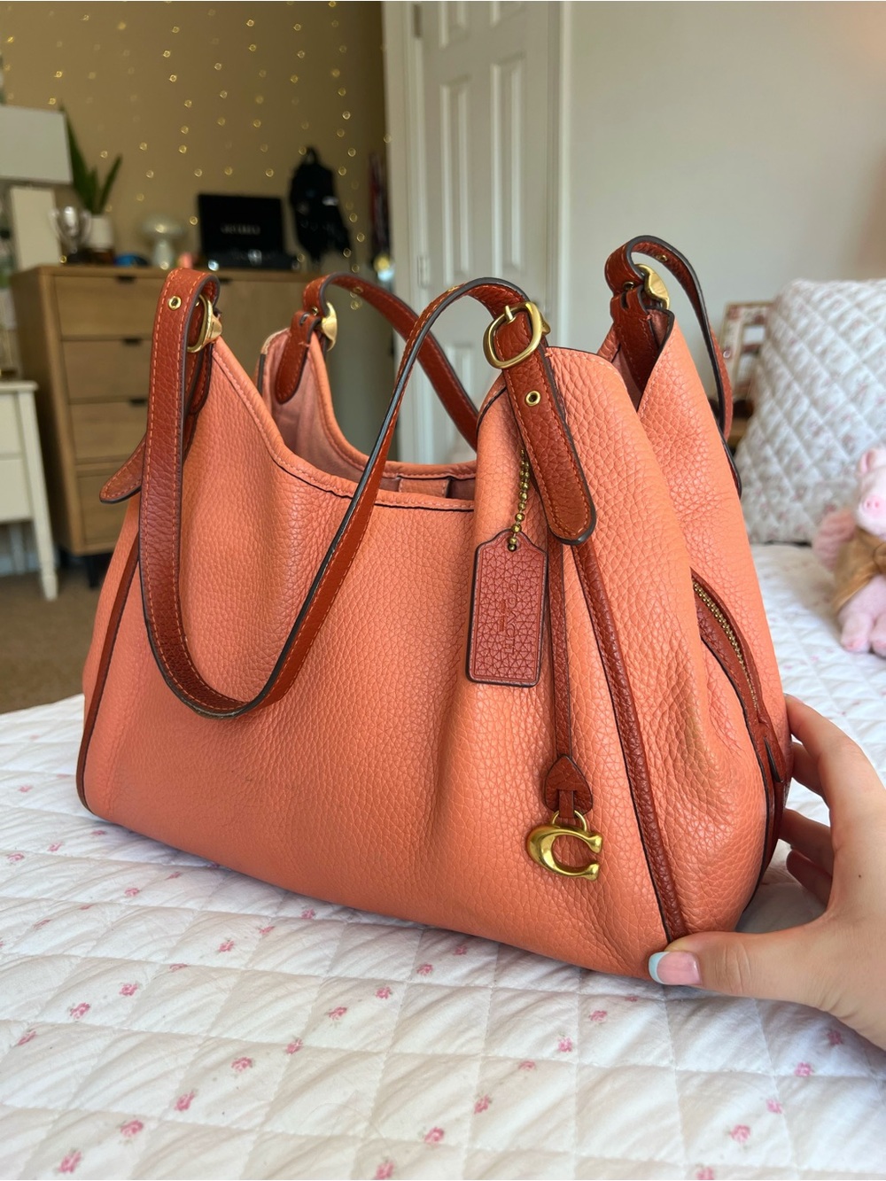 COACH Lori Coral Burnt Orange Colorblock Pebble Leather Vintage Shoulder Bag - Picture 2 of 9